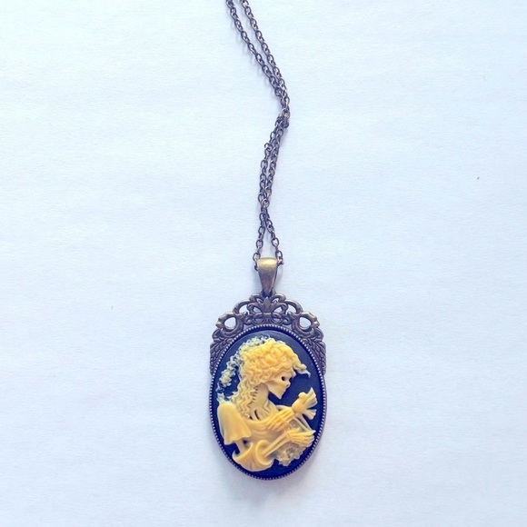 Black and Yellow Skeleton Lady Cameo Victorian Style Necklace, NWT, Handmade - Picture 3 of 5